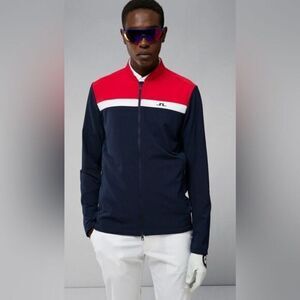 NWT J. Lindeberg Men’s KV Hybrid Jacket Blue Red Logo Water Repellent Full Zip M